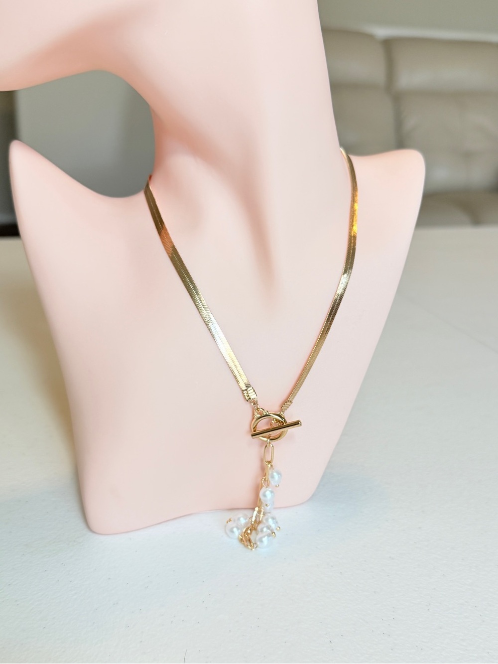 Gold Toggle Necklace with White Pearl Drop - Picture 4 of 11